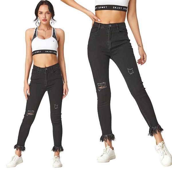 

streetwear women trousers fashion slim and tight pants hole tassel leisure mid waist black jeans wholesale dropshipping, Blue