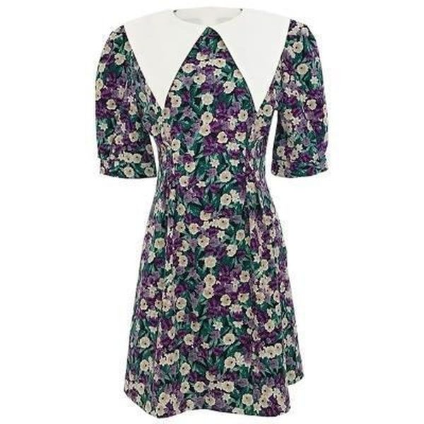 

2021 new plus size dressed as summer 20retro female lapel floral mini print chiffon dress korean puff sleeve bod5, Black;gray