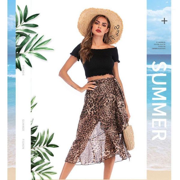 

women summer layered chiffon leopard asymmetric midi skirt ruffles a-line self-tie bandage high waist party beachwear1, White;black
