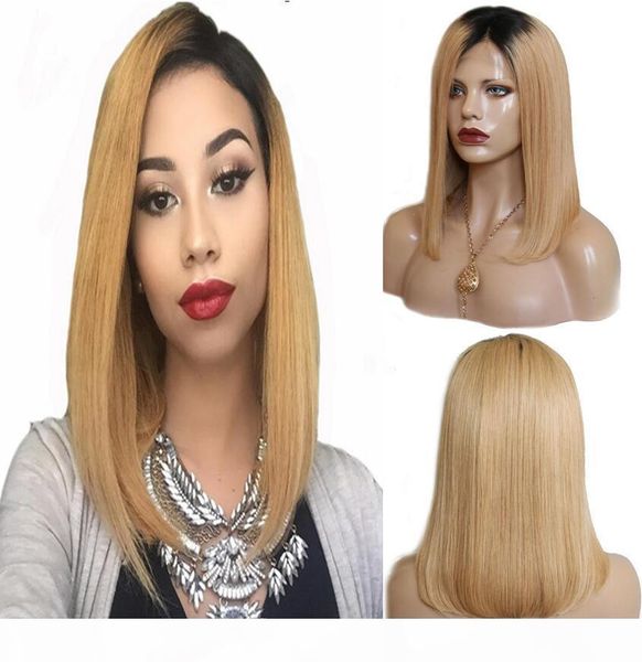 

dark root ombre blonde bob wig full lace wigs human hair wig malaysian virgin remy human hair bob lace front wigs ing, Black;brown