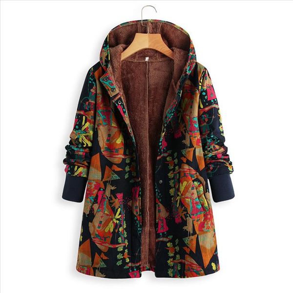 

fleece ethnic female jacket autumn winter warm outwear floral print hooded pockets jacket women vintage oversize coats overcoat, Black;brown