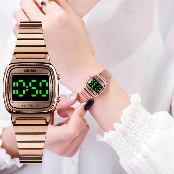 

skmei led for women sport digital wristwatches rose gold stainless steel trend small dial ladies watch reloj de mujer 1543, Slivery;brown