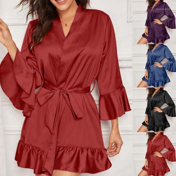 

women's sleepwear womens 2021 nightgown simulation silk ruffle sleeves home ice dressing gown nightgowns including belt d301, Black;red