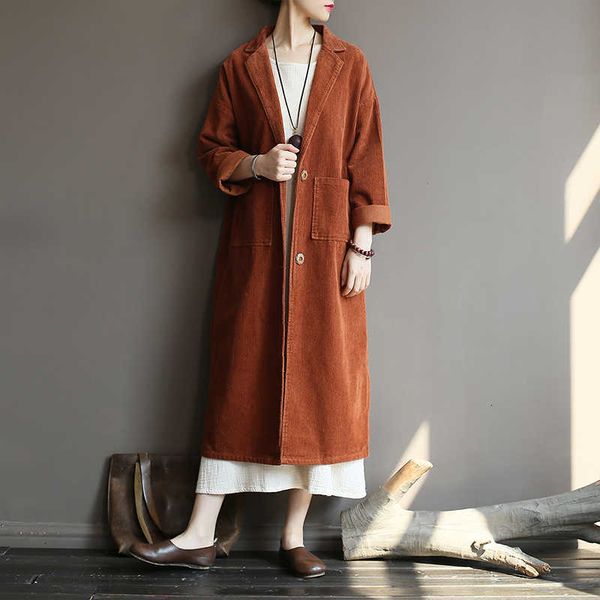 

autumn and winter women's corduroy windbreaker jacket retro style distressed straight lapel lengthened solid color cotton coat, Tan;black