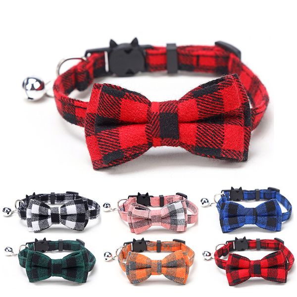 

plaid cat collar with removable bow tie, cat bowtie plaid patterns, breakaway buckle safety kitty pet collar with tiny bell, 8 colors availa