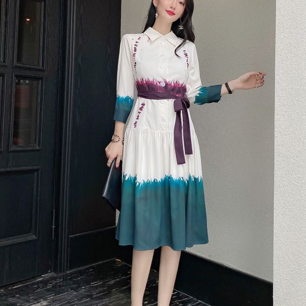 

2021 autumn new style retro print belt fine adjustment temper shirt mid length dress female fashion e6mq, Black;gray