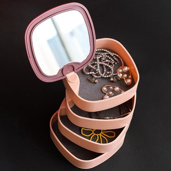 

4 layer 360 degree rotating storage box cosmetics organizers jewelry organizer storage box deskorganizer with mirror lid, Pink;blue