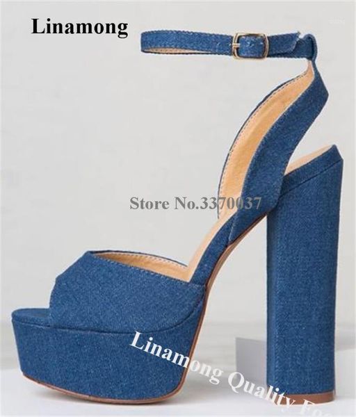 

sandals linamong western fashion open toe denim high platform chunky heel blue ankle strap buckle thick heels1, Black