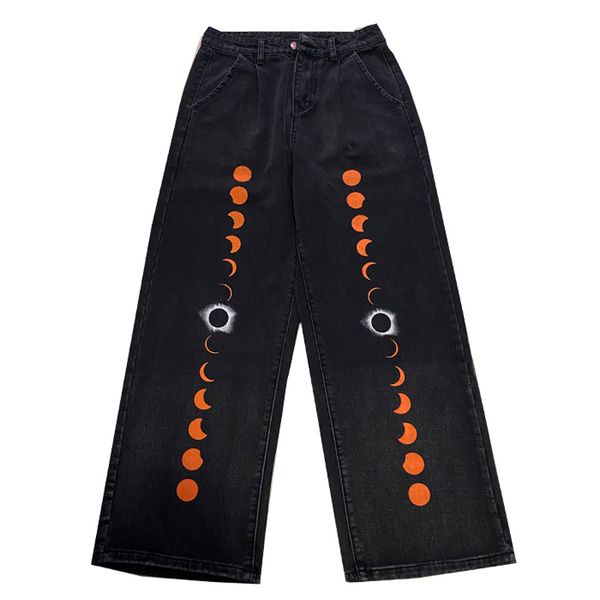 

2021 harajuku sun embroidery female vintage colorblock loose high waist wide leg pants fashion trousers women man jeans t6m7, Blue