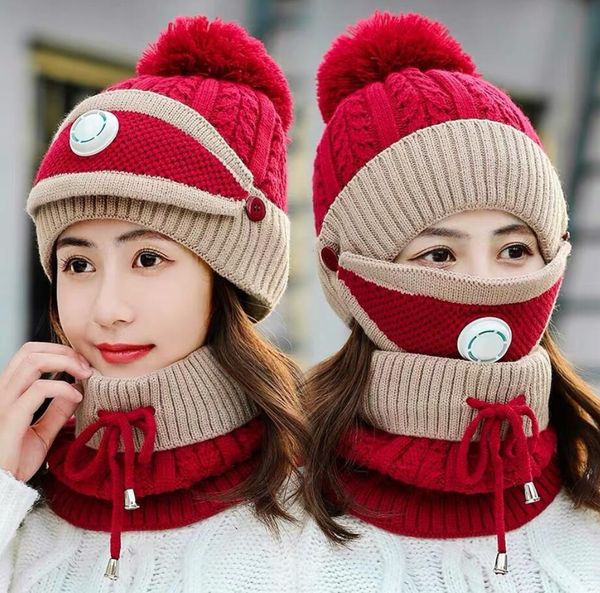 

knitted hats masks scarf set 3pcs/set winter outdoor pompom beanies with valve masks scarves caps sets ski warm hat party supplies zy21, Yellow