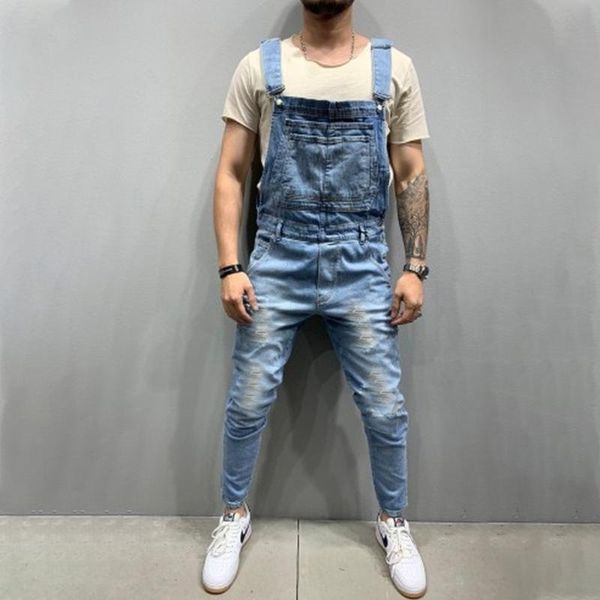 

fashion overalls jeans for man safari style full length working clothes slim pencil pants distressed blue denim trousers 2021