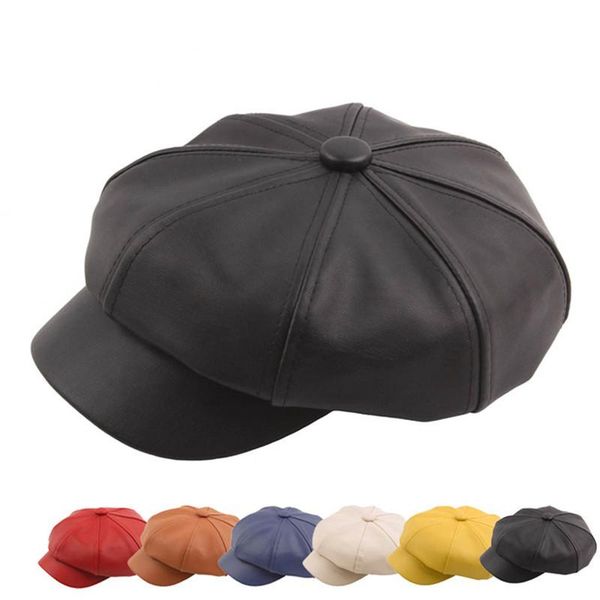 

berets woman hat solid leather stitching octagonal cap painter beret collage vintage fashion color a14, Blue;gray