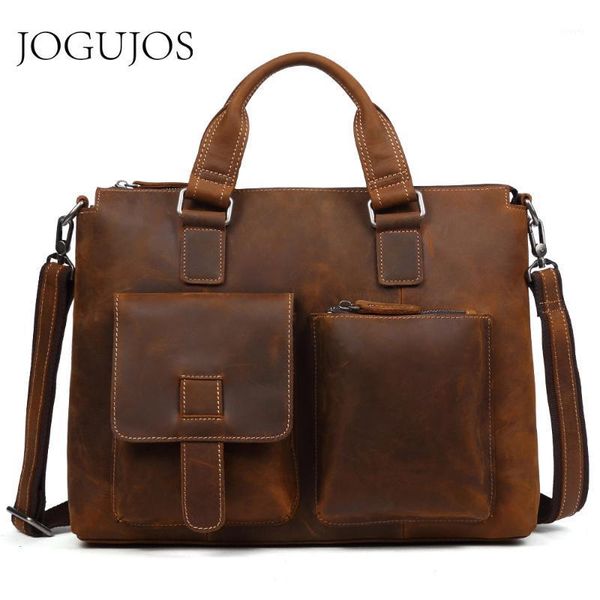 

jogujos luxury designer men's briefcases genuine leather upgrade crazy horse briefcase male shoulder messenger bag travel bag1