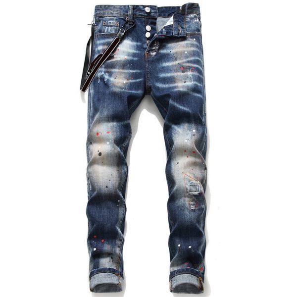 

2021 men digner jean ditred ripped biker slim fit motorcycle denim for men fahion trackuit s pour homm, Blue