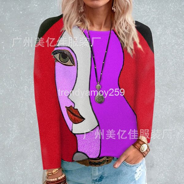 

women's t-shirt autumn winter women's fashion loose round neck face printed long sleeve t-shirt, White