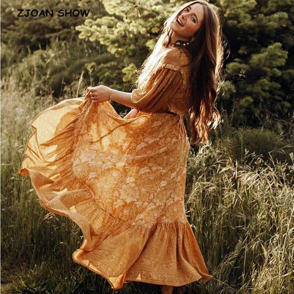 

2020 bohemian gypsy floral tassel lacing up v-neck half sleeve ruffles drawstring hem maxi long a-line dress women boho dresses1, White;black