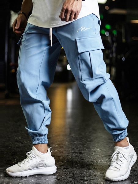 

men letter graphic utility pocket drawstring waist joggers i76q#, Black