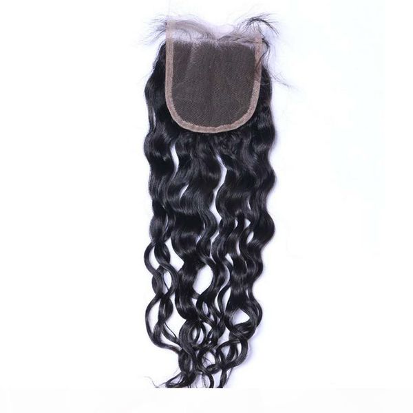 

malaysian virgin human hair water wave lace closure bleached knots middle three part 4x4 closures with baby hair, Black;brown