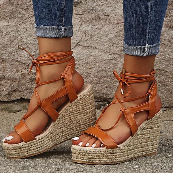 

2021 women sandals bandage hemp pu leather lace up woman shoes summer high heels casual plus size new shoe 1 p4hq, Black