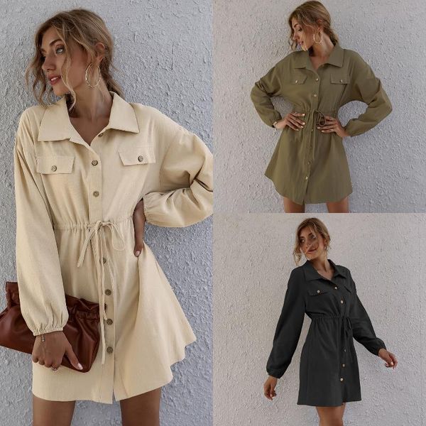 

autumn new products fashion simple double pockets breasted belt shirt dress women vestidos, Black;gray