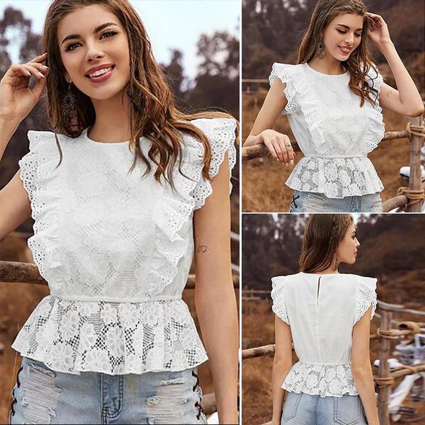 

women sleeveless blouse ruffles white lace blouse summer shirt female casual white