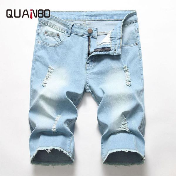 

quanbo 2020 summer new men's stretch short jeans fashion vintage casual slim fit denim shorts ripped shorts 40 421, Blue