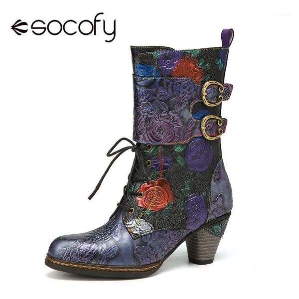 

boots socofy ladies's shoes elegance vintage floral embossed double buckle design genuine leather warm lining casual chunky heel boots1, Black