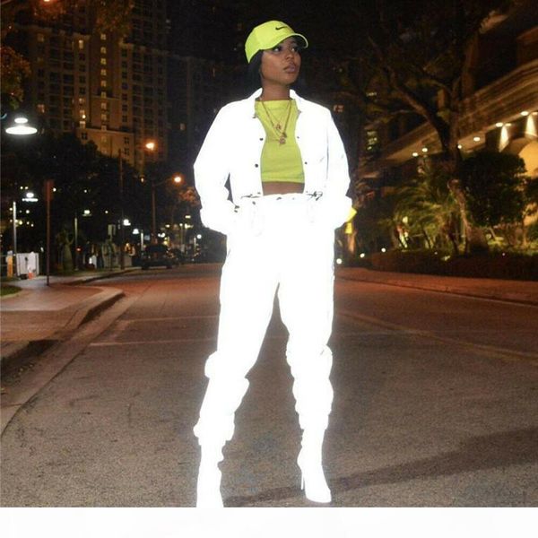 

2019 women tracksuit zip reflective light jackets&shorts two pieces set or jumpsuit clubwear festival clothes plus size, White