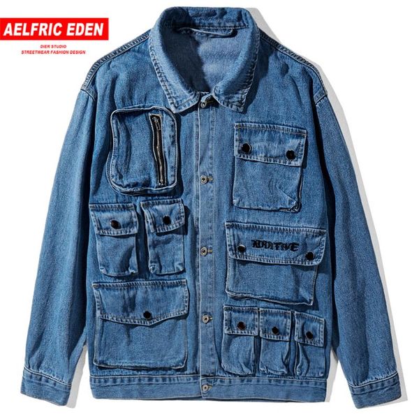 

men's jackets vintage multi pockets mens casual denim 2021 fashion harajuku streetwear male coats hip hop oversized, Black;brown