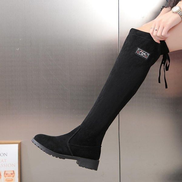 

brand ladies low heel knight boots ladies round toe solid color over the knee winter boots botas mujer women's1, Black
