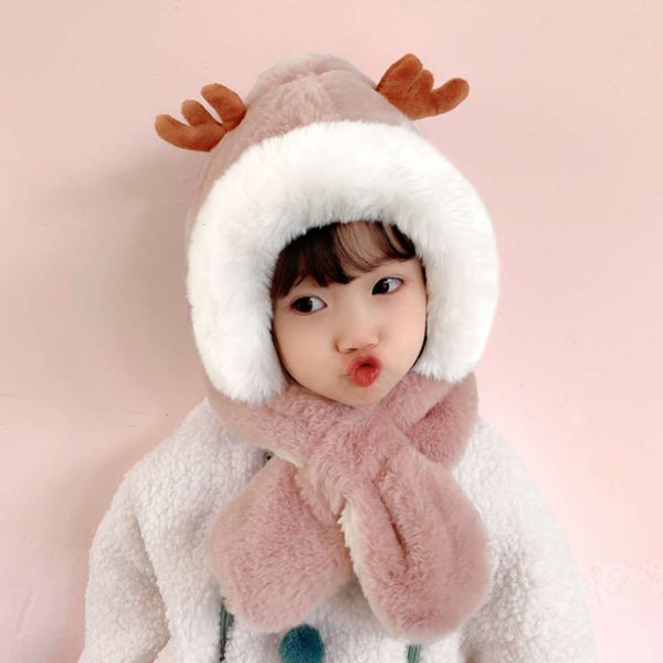 

hat scarf in one cute children's autumn boys and girls' bib ear cap winter plush baby, Red;brown