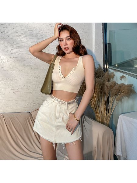 

2021 new practical all match 3-color small string elastic cord buckle cotton short female casual mesh tank gs2d, White