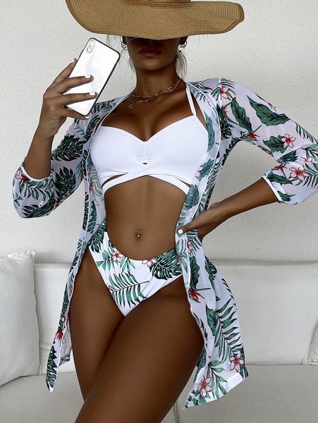 

3pack plant print wrap bikini swimsuit & kimono u3iw#, White;black