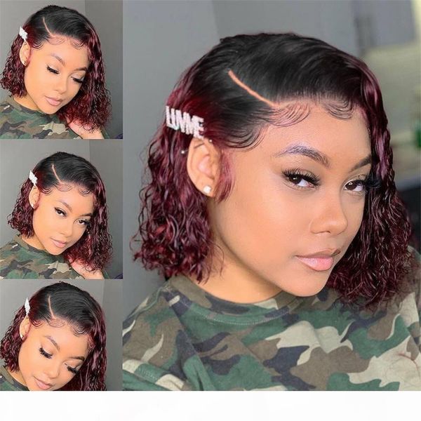 

jrx water wave human hair lace front wigs ombre 99j colored brazilian curly short bob wigs pre plucked for black women remy hair, Black;brown