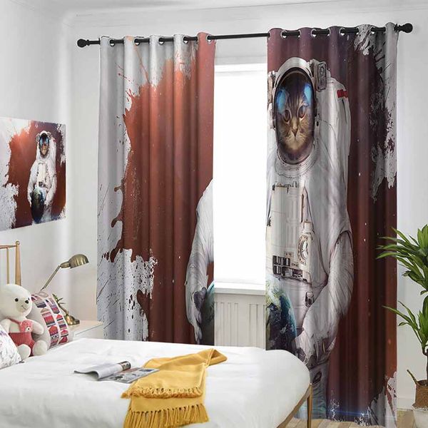 

thermal insulated room darkening window shade cute kitty cosmonaut on earth world in front of color splash surreal design curtain