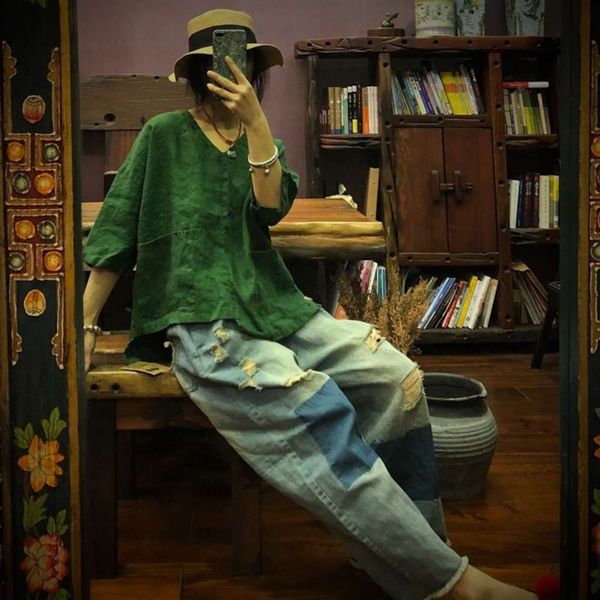 

2019 luogu clay comfortable linen v-neck asymmetric hand stitched loose blouse 1335vip0, White