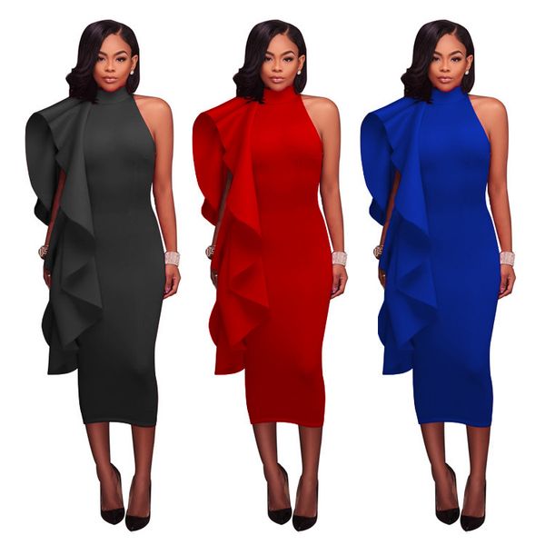 

women ruffle sleeveless dress skinny crew neck eveing dresses ladies pack hip clothing, Black;gray