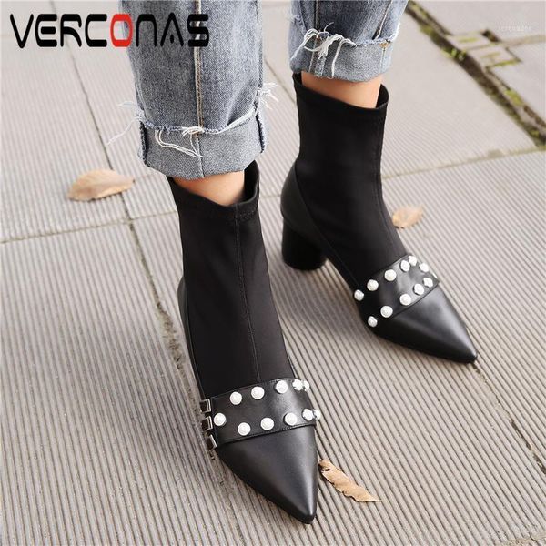 

verconas fashion women genuine leather ankle boots autumn winter new buckle pointed toe shoes woman high heels stretch boots1, Black