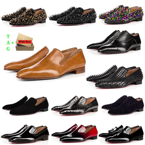 

man red bottoms shoes designers low flat rivets embroidery mens business banquet dress shoe luxurys patent suede stylist spikes genuine leat, Black