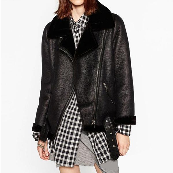 

fitaylor winter faux lamb leather jacket women faux leather lambs wool fur collar suede jacket coats female warm thick outerwear 201214, Black