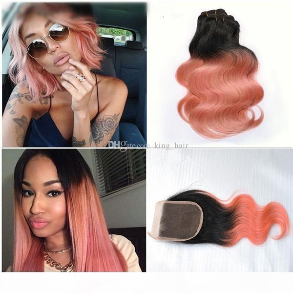 

new arrival dark root rose gold body wave ombre human hair with closure 1b rose gold hair weft with closure 4x4 4pcs lot, Black;brown