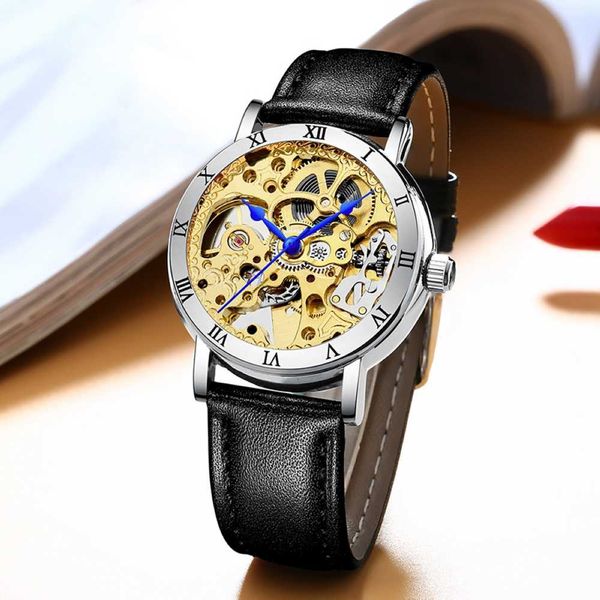

ik wristwatches new womens gears carving skeleton watches auto mechanical watch gift box ship, Slivery;brown