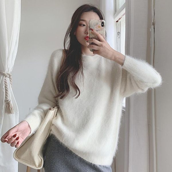 

women's sweaters fluffy round neck mink cashmere sweater solid relaxed and loose angora pullover jns030, White;black