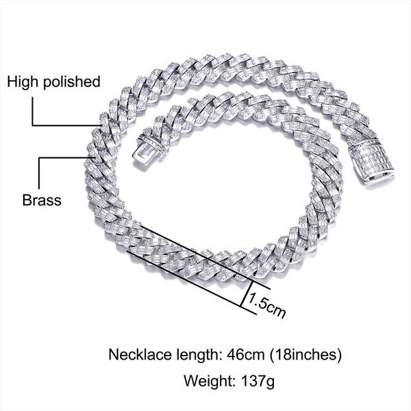 

chains hip hop 15mm 3 row baguette prong cuban bling iced out cz setting + cubic zirconia box buckle necklace for men jewelry, Silver