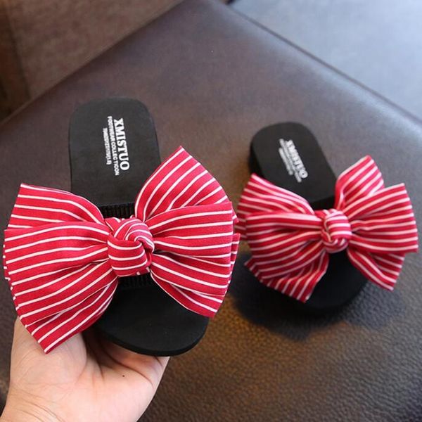 

summer sandals slippers for kids girl sandals slides with big bow-knot stripe beach shoes indoor cute non-slip flat sandals s499 y201028, Black;grey