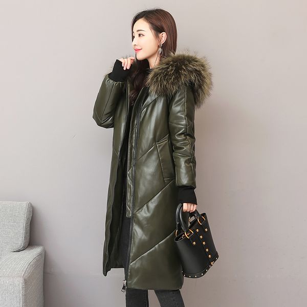 

winter fashion mark great regal fur collar with hood 90% duck female leather oversize thicker down parkas wq767, Black