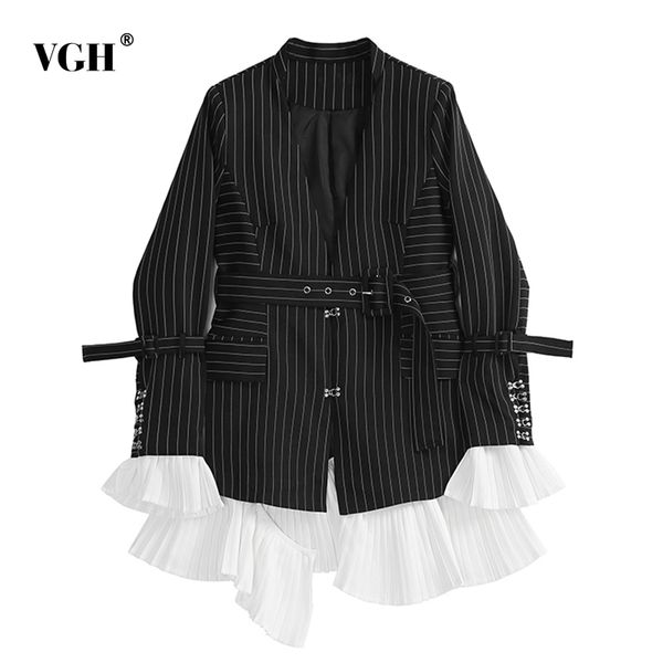 

vgh elegant women coat notched neck flare long sleeve high waist with sashes patchwork ruffles striped jacket for female fashion 201027, Black;brown