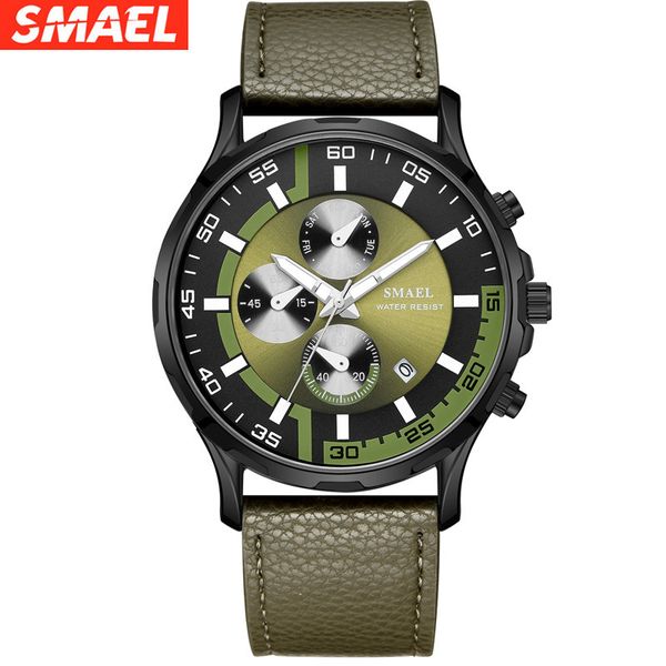 

smael smer fashion multi-function sports electronic watch leather waterproof strap luminous men's quartz watch, Slivery;brown