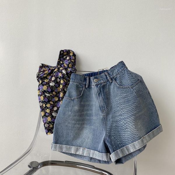 

2020 summer short jeans women wide leg streetwear high elastic waist back pockets solid chic bottom female shorts1, Blue