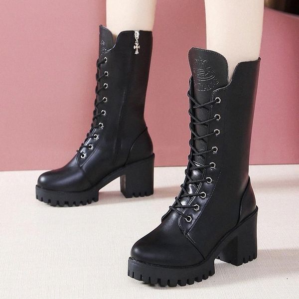 

2020 winter shoes women platform motorcycle boots lace up booties high heels riding equestrian plush botas mujer plus size 8421n #jw2v, Black